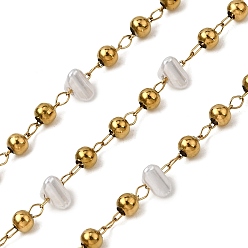 Настоящее золото 18K Ручная работа 304 овальные звенья цепочки из нержавеющей стали и АБС-пластика с жемчужными бусинами, пайки, с 316 цепями и катушкой из нержавеющей стали, ионное покрытие (ip), реальный 18 k позолоченный, бисер: 4x5x2.5 мм & 3 мм