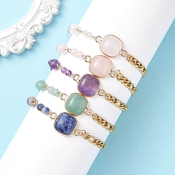 Смешанные камни Браслеты из круглых и квадратных бусин из натуральных драгоценных камней., 304 женские браслеты-цепочки figaro из нержавеющей стали, золотые, 6.81 дюйм (17.3 см)