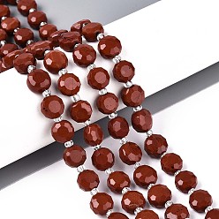 Красный Камень Натуральные красные яшмы бусы пряди, плоско-круглые, граненые, с бисером, 8~9x8~9x5~6 мм, отверстие : 1~1.2 мм, около 19~20 шт / нитка, 7.48~7.68'' (19~19.5 см)
