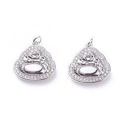 Platinum Brass Micro Pave Cubic Zirconia Pendants, with Soldered Jump Rings, Buddha, Clear, Platinum, 15.5x15x3mm, Hole: 2.2mm