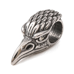 Crystal 316 Surgical Stainless Steel European Beads, with Rhinestone, Large Hole Beads, Eagle Head, Antique Silver, Crystal, 16.5x6.5x8mm, Hole: 5mm