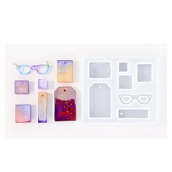 Белый Подвески из силиконовой формы, изготовление изделий из эпоксидной смолы, очки и прямоугольник, белые, 90x80 мм, отверстие : 1.5 мм, внутренний диаметр: 14~33x16~23 мм