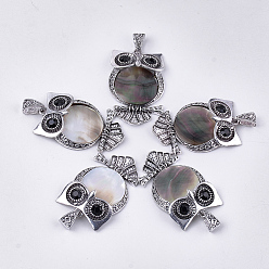 Black Black Lip Shell Big Pendants, with Alloy Findings and Rhinestone, Owl, Antique Silver, 50x32x9.5~10mm, Hole: 4.5x9mm