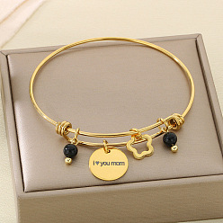 Золотой День матери 304 браслеты из нержавеющей стали с подвесками для женщин, плоские круглые и звезды, с натуральным черным камнем, золотые, внутренний диаметр: 2-5/8 дюйм (6.8 см)