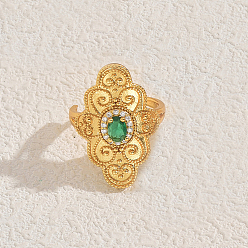 Зеленый Винтажные геометрические латунные кольца с паве из кубических цирконий для женщин, цветок, зелёные, 30x18 мм, внутренний диаметр: 16мм~18мм