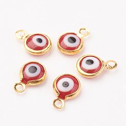 FireBrick Lampwork Charms, with Brass Findings, Flat Round/Eye, Golden, FireBrick, 9.5~10x6.5x2.5mm, Hole: 1.5mm