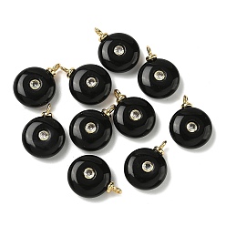 Black Onyx Подвески из натурального черного оникса, плоские круглые подвески с латунной микрофиброй и фианитами, долговечный, стойки покрытие, реальный 18 k позолоченный, без кадмия и без свинца, окрашенная и подогревом, 20x15x6 мм, отверстие : 2.5 мм