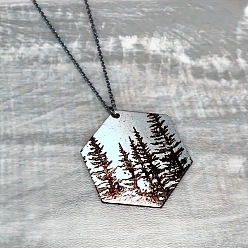 Antique Silver Tibetan Style Alloy Hexagon with Tree Pendant Necklace, Cable Chain Necklace, Antique Silver, 18.50 inch(47cm)