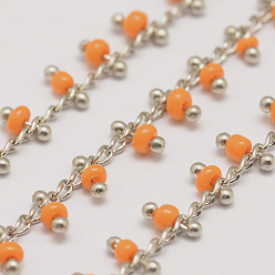 Coral Handmade Seed Beaded Chains, Soldered, with Spool, with Brass Findings, Coral, 6x2~3mm, about 32.8 Feet(10m)/roll