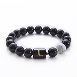 Letter L 10MM Natural Black Onyx(Dyed & Heated) and Howlite Beaded Stretch Bracelets, Alphabet Bracelets, Letter L, 6.60 inch(16.76cm)~8.50 inch(21.58cm)