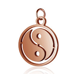 Or Rose 304 charmes en acier inoxydable, Plat rond avec tai ji, or rose, 14x12x1mm, Trou: 2.5mm