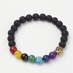 (946F)Морозный цвет внутри  Жонкиль / Непрозрачная зеленая подкладка Черный агат бисером и драгоценными камнями бисером стрейч браслеты, с тибетского сплава типа головы Будды бисера, матовые, 2 дюйм (50~51 мм)