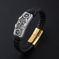 Античный Серебристый & Золотой Браслеты из плетеного шнура из искусственной кожи в стиле панк, 304 Браслеты с подвесками в виде мотоциклов из нержавеющей стали для мужчин, с магнитной застежкой, старинное серебро & золотой