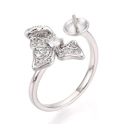 Платинированный Оправы для колец-манжет из цветочной латуни с микропаве из прозрачного кубического циркония, за половину пробурено бисера, без кадмия, без никеля и без свинца, Реальная платина, штифты : 0.8 мм, 15.1 мм, внутренний диаметр: 16.1~16.8 мм