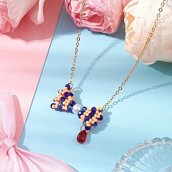 Синий Ожерелье с подвеской-бантом из стеклянных бус, с латунным кабельных цепей, синие, 17.32 дюйм (44 см)