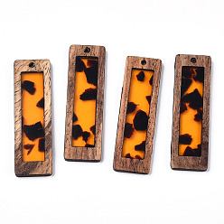 Темно-Оранжевый Прозрачные подвески из смолы и дерева, прямоугольник амулеты, темно-оранжевый, 48.5x15x3 мм, отверстие : 1.8~2 мм