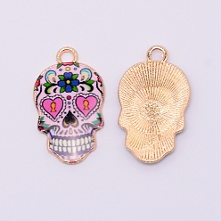 Pink Legierung Emaille Reize, cadmiumfrei und bleifrei, Zuckerschädel, Licht Gold, Mitternachtsblau, 22x13x2 mm, Bohrung: 2 mm