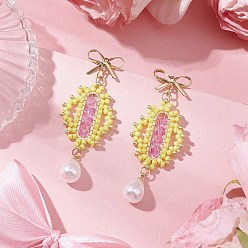 Желтый Прозрачные гальванизированные стеклянные бусины ромб с бантом серьги-гвоздики, с цилиндрическими бусинами и 304 соединительными кольцами из нержавеющей стали и 55x22 фурнитурой для сережек-гвоздиков из АБС-пластика и искусственного жемчуга из латуни, золотые, желтые, {1} мм