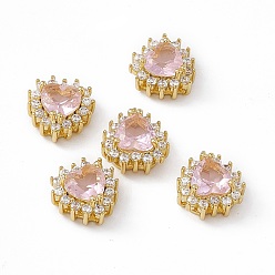Pink Стойки обшивки латунь микро проложить кубического циркония бусы, со стеклом, реальный 18 k позолоченный, долговечный, без кадмия, без никеля и без свинца, сердце, розовые, 10.5x10.5x6 мм, отверстие : 1.2~3.5x1.2~1.4 мм