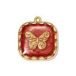 Настоящее золото 18K 304 нержавеющей стальной эмали подвески, прямоугольник с подвесками в виде бабочек, ионное покрытие (ip), долговечный, зеркальная полировка, реальный 18 k позолоченный, 24x22 мм, отверстие : 1.4 мм