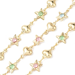 Золотой Латунные цепи со стеклянными звеньями, с катушкой, звезда и сердца, несварные, без кадмия, без никеля и без свинца, золотые, 13.5~14x9~11x2.5~3.5 мм