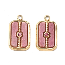 Rhodonite Natural Rhodonite Pendants, 304 Stainless Steel Rhinestone Rectangle Bezeled Charms, Ion Plating(IP), Real 14K Gold Plated, 15x9x2mm, Hole: 1.5mm