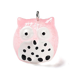 Pink Translucent Resin Pendants, Owl Charms with Platinum Plated Iron Loops, Pink, 21x20x19.5mm, Hole: 2mm