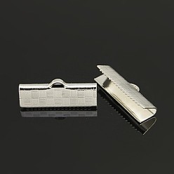 Argent Extrémités de sertissage de ruban de laiton, rectangle, couleur argent plaqué, 7x20mm, Trou: 1x3mm