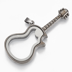 Gunmetal Alloy Magnetic Locket Big Pendants, with Glass, Guitar, Gunmetal, 29x66x8mm, Hole: 4x6mm, Inner Measure: 11.5x27mm