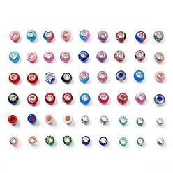 Mixed Color Acrylic & Resin & Polymer Clay Rhinestone European Beads, Large Hole Beads, with Silver Color Core, Rondelle, Mixed Color, Beads: 13.5~14x8~10mm, Hole: 5mm, 54pcs/bag
