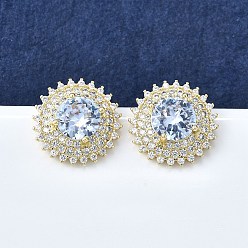 Настоящее золото 16K Женские серьги-гвоздики из латуни с микропаве и прозрачным кубическим цирконием, подсолнечник, реальный 16 k позолоченный, 16.5 мм