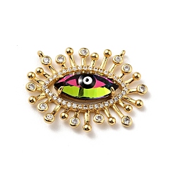Green Yellow Rack Plating Brass Micro Pave Cubic Zirconia Pendants, with Enamel, Long-Lasting Plated, Golden, Eye with Evil Eye, Cadmium Free & Nickel Free & Lead Free, Green Yellow, 22x28x6mm, Hole: 1mm