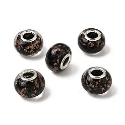 Черный Ручной работы Lampwork золотой песок эффект европейская большая дыра Rondelle бусы, с серебряного цвета латуни двойные сердечники, чёрные, 14x9 мм, отверстие : 5 мм
