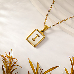 Letter I Прямоугольник 304 ожерелья с инициалами из нержавеющей стали с натуральным белым ракушечником для женщин, реальный 18 k позолоченный, Буква "i", 15.75 дюйм (40 см)