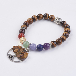 Tigerauge Chakra Schmuck natürlichen Edelstein Perlen und Tiger Eye Charm Armband, mit Tibetischen Stil Perlen, flach rund mit Baum des Lebens, 2 Zoll (50 mm)