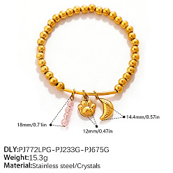Paw Print 304 Bracelets extensibles ronds à perles en acier inoxydable et verre rose pour femmes, or, empreinte de patte, 7.48 pouce (19 cm)