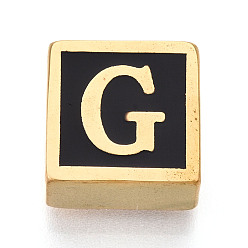 Letter G 304 Квадратные распорные планки из нержавеющей стали с черным эмалевым покрытием, 2-луночное, ионное покрытие (ip), реальный 18 k позолоченный, Буква G, 12x12x6 мм, отверстие : 4.5 мм