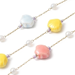 Настоящее золото 18K 316 цепные цепи из нержавеющей стали, с фарфоровой ракушкой и круглыми бусинами из АБС-пластика, пайки, с катушкой, реальный 18 k позолоченный, 9x11~11.5x6 мм, около 16.40 футов (5 м) / рулон