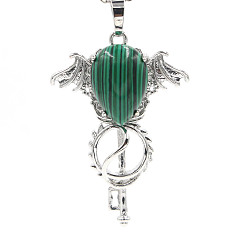 Malachite Synthetic Malachite Pendants, with Platinum Plated Brass Findings, Wing with Key Charms, 47x32x11mm