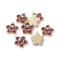 Dark Red Enamel Pendants, with Brass Findings and Acrylic Pearl, Real 18K Gold Plated, Flower, Dark Red, 16.5x15x4mm, Hole: 1mm