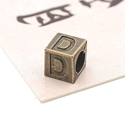 Letter D Европейские бусины из антикварного бронзового сплава, бусины с большим отверстием, куб с письмом, Буква D, 7x7x7 мм, отверстие : 5 мм