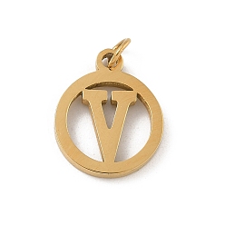Letter V 304 подвески из нержавеющей стали с соединительным кольцом, золотые, кольцо с буквой-шармом, Буква V, 14.5x12x1.5 мм, отверстие : 3 мм