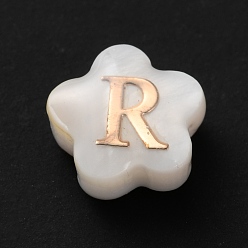 Letter R Натуральные белые ракушки, золотые эмалевые бусины с буквами, Буква R, 8x4.5 мм, отверстие : 0.8 мм