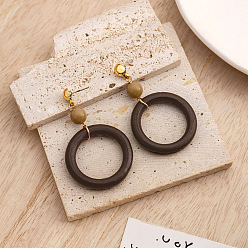 Ring Серьги-гвоздики из дерева и латуни с подвесками, золотые, кольцо, 65x37 мм