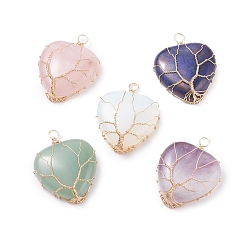 Mixed Stone Natural & Synthetic Gemstone Pendants, with Real 18K Gold Plated Copper Wire Wrapped, Heart, 39~41x30.5~31x10mm, Hole: 3.5~4mm