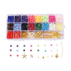 Золотой Ювелирные комплекты diy, с бисером хэйши из полимерной глины ручной работы, Подвески из сплава , эластичная нить, латунные распорные бусины и штифты с шаровой головкой и переходные кольца, бусы и ножницы из каури, золотые, 6x1 мм, отверстие : 1.5~2 мм, о 3240~3600 шт / комплект