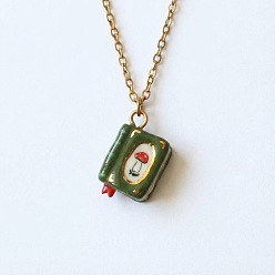 Dark Olive Green 304 Stainless Steel Enamel Book Pendant Necklaces, Golden, Dark Olive Green, 17.72 inch(45cm)