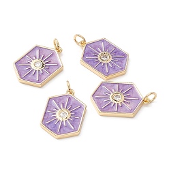 Сливовый Латунные микропаве прозрачные подвески с фианитом, с эмалью и кольцом для прыжков, реальный 18 k позолоченный, без свинца, без кадмии и без никеля, шестиугольник, слива, 22.5x15x2 мм, отверстие : 3.5 мм