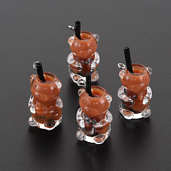 Сиена Непрозрачные смоляные подвески, имитирующие чай с пузырьками, Полимерная глина внутри, с акриловой чашкой и железной фурнитурой, медведь, цвет охры, 24~32x14x13 мм, отверстие : 1.8 мм