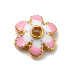 Бледно-Розовый Эмали сплава шарик крышки, без кадмия и без свинца, золотые, 6-лепестков цветка, розовый жемчуг, 8x7.5x2 мм, отверстие : 1.4 мм